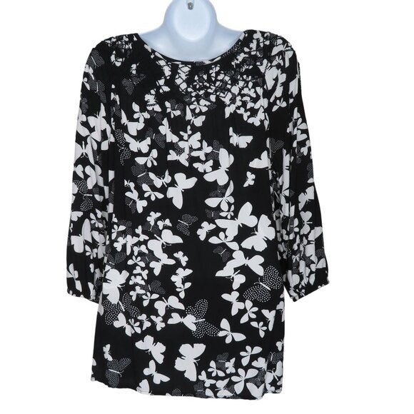 Talbots Womens Black White Butterfly 3/4 Sleeve Tunic Top S Crochet Detail - Picture 10 of 12